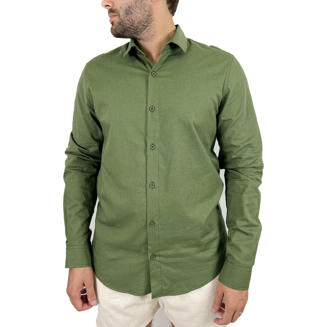 Camisa de Botão Masculina Linho Slim - Verde